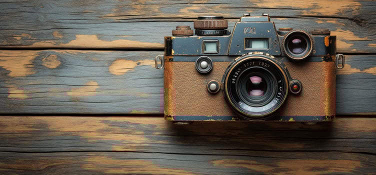 Vintage camera on rustic wood background technology and photography photo