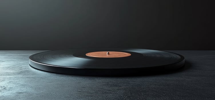 Vinyl record on dark surface black audio disk with copy space photo
