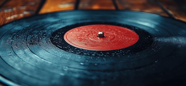 Vinyl record on wooden surface with water droplets music and nostalgia photo