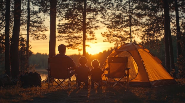 Family camping adventure at sunset in peaceful forest photo
