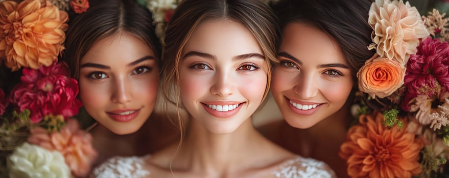 Three women portrait with floral arrangement beauty concept photo
