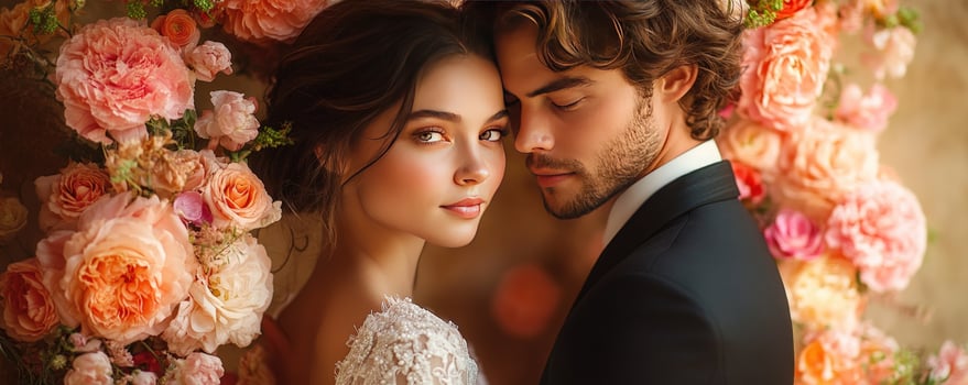 Intimate couple portrait with floral accent romantic embrace and togetherness photo