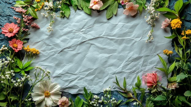 Floral border on crumpled paper nature themed background photo