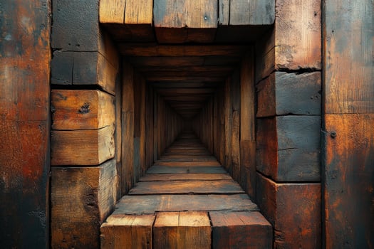 Wooden tunnel structure in symmetrical perspective with rustic textures photo