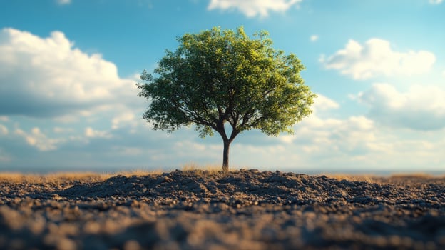 Lone tree on a mound under a partly cloudy sky landscape photo