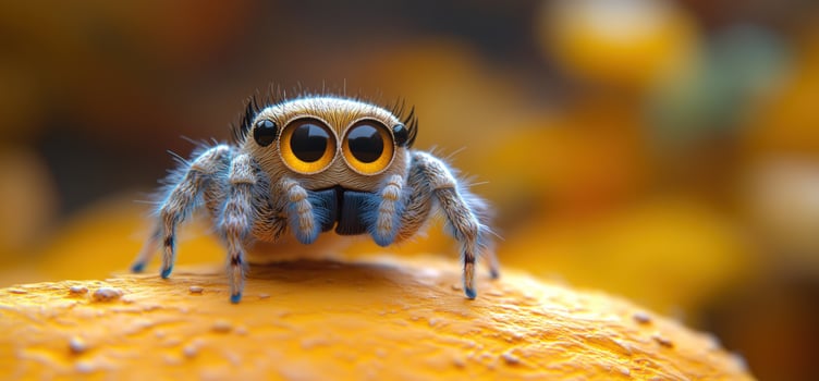Cute spider macro close up with fuzzy texture and large eyes photo