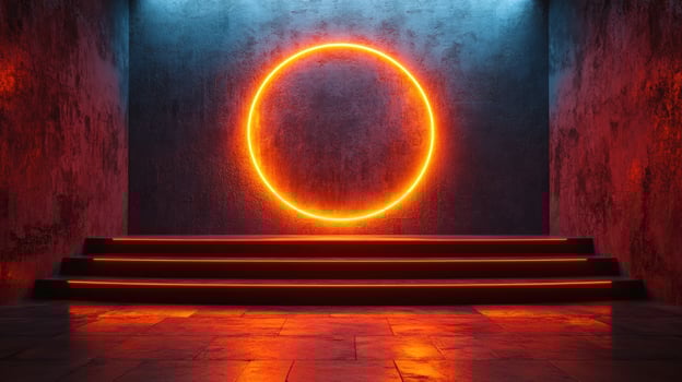 Neon circle stage interior design with concrete texture and geometric shapes photo