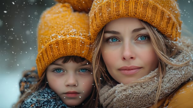 Winter portrait of mother and child wearing knit hats in falling snow photo