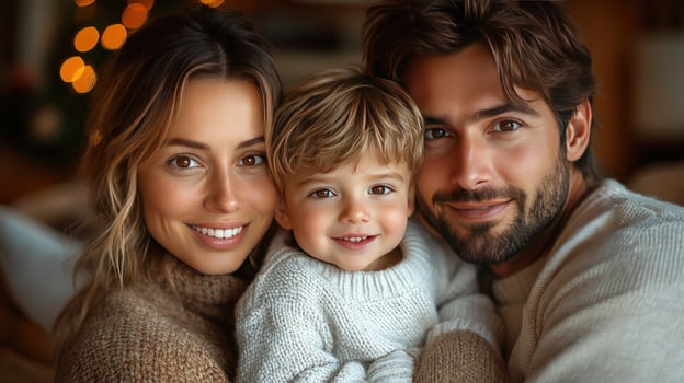 Happy family portrait smiling together in warm lighting photo