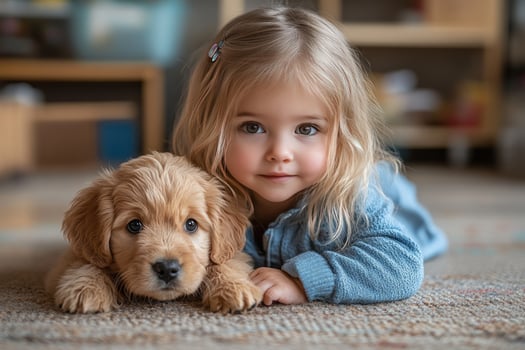 Girl cuddles puppy on carpet indoor warm friendship love photo
