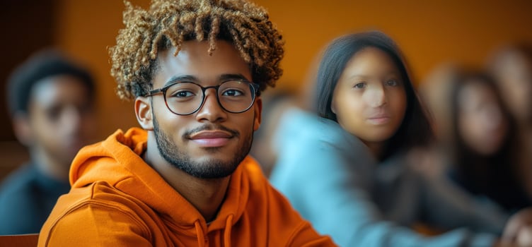 Diverse students in a classroom lecture setting focused on education and learning photo