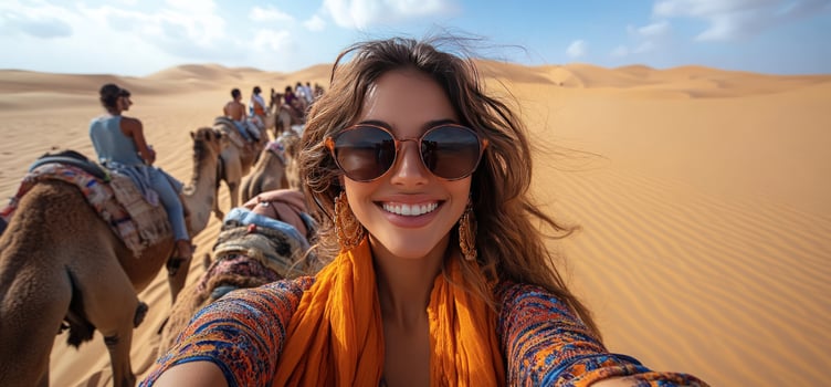 Woman riding camel in desert landscape taking selfie adventure travel photo