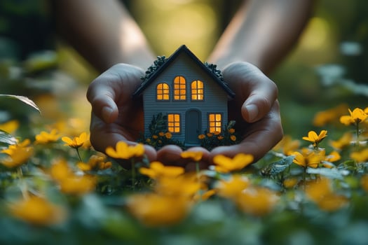 Home in hands surrounded by flowers concept for real estate and environment photo