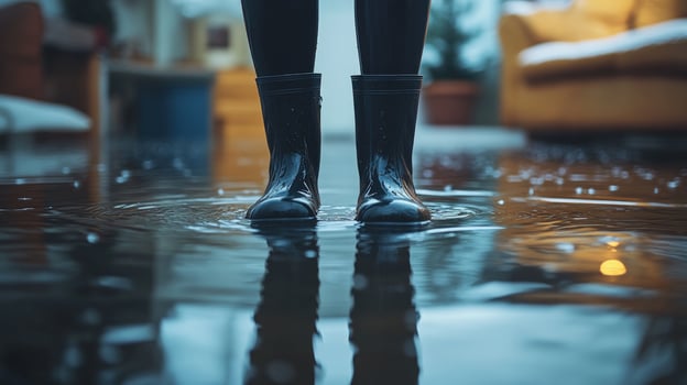 Person with rain boots standing in a puddle reflecting indoors photo