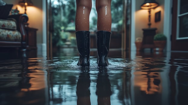Flooded home interior with waterproof boots weather disaster insurance photo