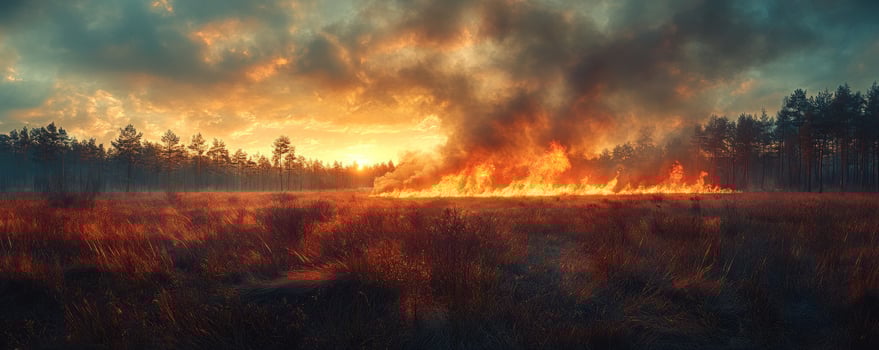 Wildfire spreads through field threatening forest ecological disaster photo