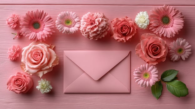 Envelope surrounded by pink flowers floral flat lay on pink wood surface wedding invitation card design photo