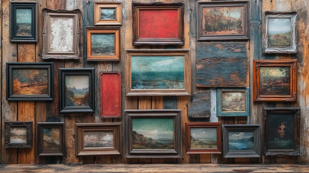 Vintage landscape paintings on rustic wooden wall decoration photo