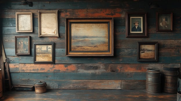 Vintage wall decor with framed art collection rustic interior design photo