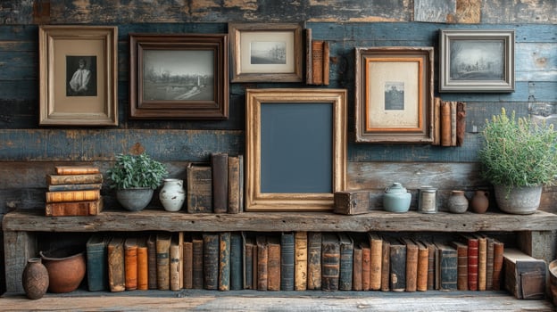 Vintage books and frames still life on rustic wooden shelf photo