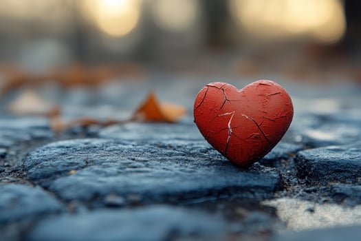 Cracked red heart on stone symbolizing emotional distress and imperfection photo