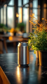 Refreshing drink aluminum can on reflective surface still life photo