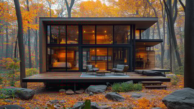 Modern home in autumn forest architecture design photo