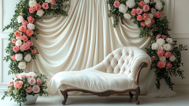 Elegant lounge chair with floral arrangement backdrop photo