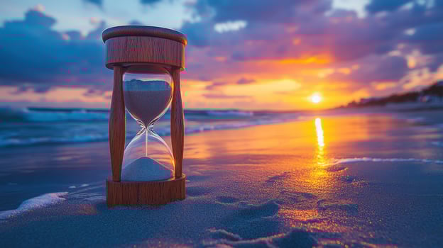 Time passing sandglass on beach at sunset or sunrise coastal scene photo