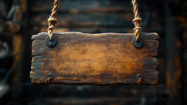 Rustic wooden sign with rope hanger for custom text or graphic overlay photo
