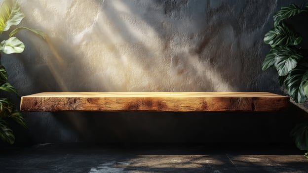 Rustic wood shelf against concrete wall with sunlight and green plants photo