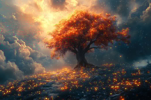 Glowing tree silhouette on hill with dramatic sky background photo