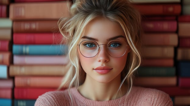 Portrait of young woman with glasses in front of book background photo