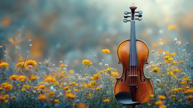 Violin among yellow flowers artistic musical instrument and nature composition photo