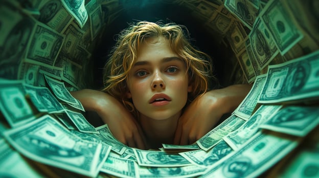 Immersive tunnel of currency featuring blond person emerging from money photo