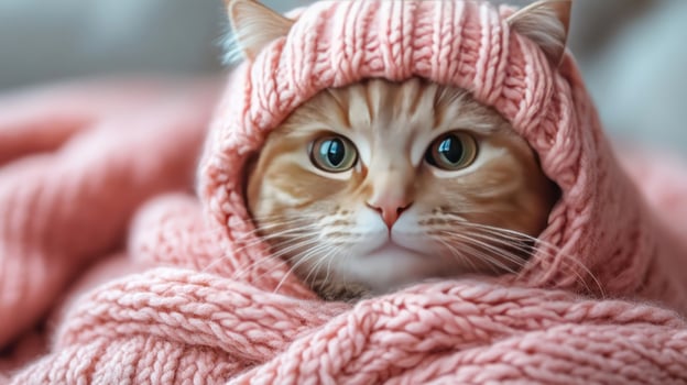 Cat wrapped in pink knitwear cozy pet portrait cute kitten animal fashion photo