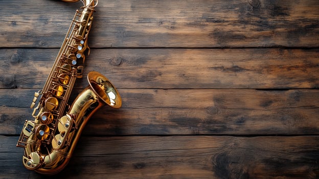 Elegant brass saxophone on rustic wood surface with copy space photo