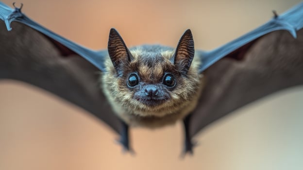 Flying brown bat close up wildlife portrait winged mammal creature photo