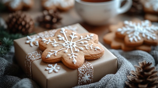 Festive snowflake cookie on gift box with christmas decoration background photo