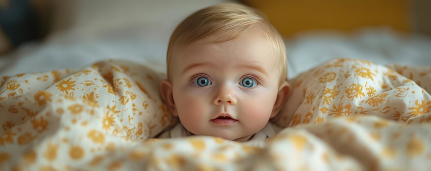 Adorable baby portrait under blanket with floral pattern photo
