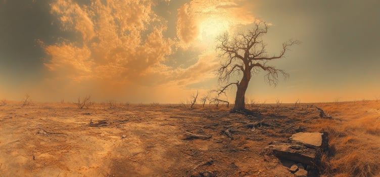 Barren landscape with solitary tree under a muted sky earthy panorama photo
