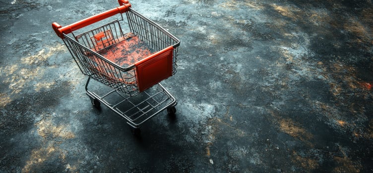 Red shopping cart on dark textured background illustrating retail and consumerism photo