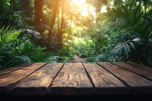Wooden table with tropical forest background jungle landscape photo