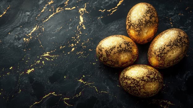 Speckled golden eggs on dark veined background celebration decoration photo