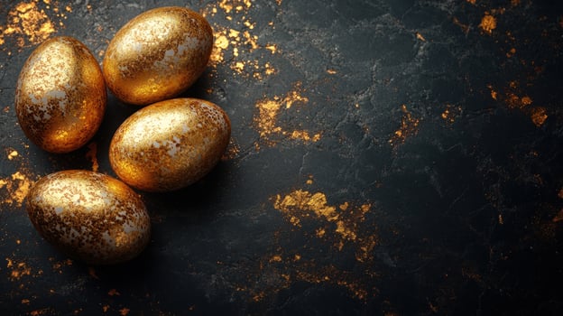 Golden decorative eggs on dark textured background art photo
