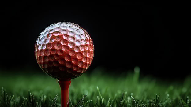 Close up of golf ball on tee ready for game on the green field photo