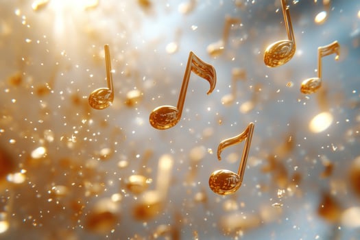 Floating golden music notes on a light background for sound and celebration concepts photo