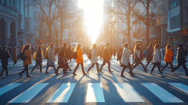 Diverse group of people walking across city street on sunny day photo