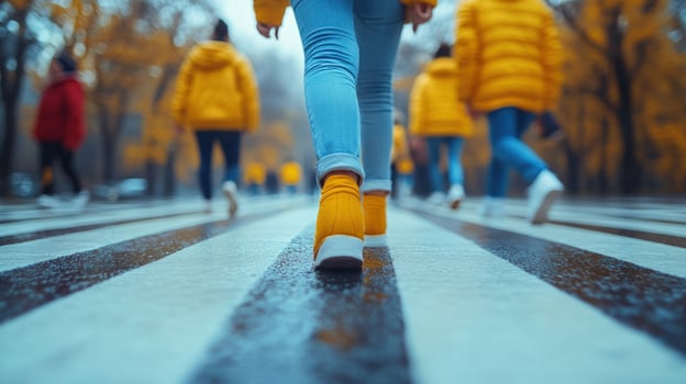 People walking on a zebra crossing during autumn day photo