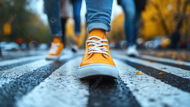 Pedestrian walking in yellow sneakers on city street crosswalk during autumn photo